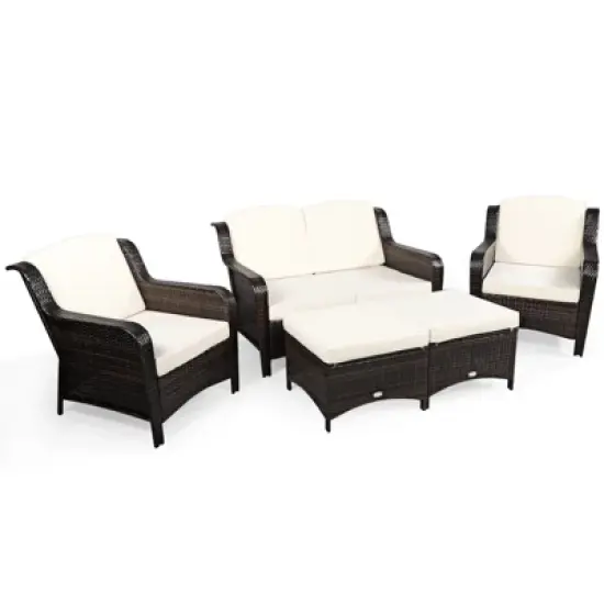 Tangkula 5 PCS Patio Rattan Sectional Sofa Set Outdoor Furniture Conversation Set Cushioned Loveseat Sofa Ottoman image {9}