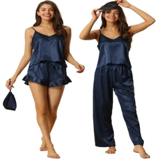 cheibear Womens Satin Cami Shorts Pants Sleepwear Pajamas Sets 5 Pcs image {5}