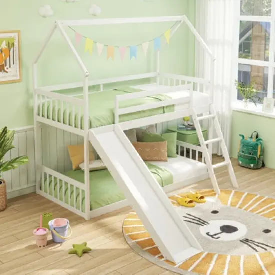 Tangkula Twin Over Twin House Bunk Bed w/ Slide Solid Wood Low Bunk Bed for Kids White image {2}