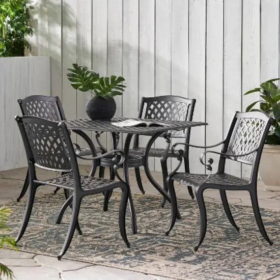 Christopher Knight Home Hallandale Outdoor Cast Aluminum 5 Piece Dining Set, Antique Matte Black image {9}
