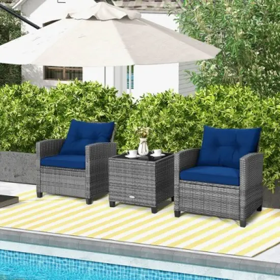 Costway 3PCS Patio Rattan Furniture Bistro Set Cushioned Sofas Side Table Armrest image {4}