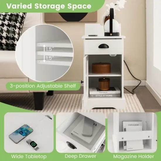 Costway Side End Table Nightstand with Charging Station Storage for Living Room Bedroom image {7}
