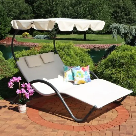 Sunnydaze Outdoor Double Chaise Lounge with Canopy Shade and Headrest Pillows, Beige image {3}