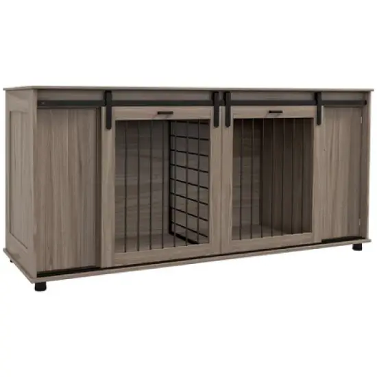 PawHut 71" Dog Crate Furniture with Removable Divider for 2 Small Dogs or 1 Large Dog, Dog Kennel Furniture with Storage, Double Doors image {6}