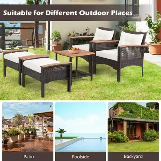 Costway 5PCS Patio Rattan Furniture Set Acacia Wood Table Armrest Cushion Yard image {4}
