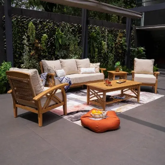 Cambridge Casual 5pc Carmel Teak Wood Outdoor Patio Conversation Set with Tan Cushions image {1}