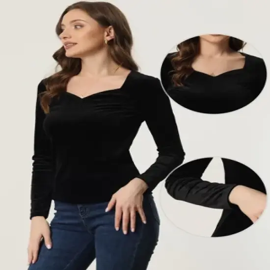 Allegra K Women's Velvet Sweetheart Neck Elegant Long Sleeves Blouses image {1}
