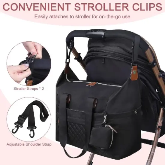Itopfox Large Waterproof Diaper Bag Tote with Pacifier Case, Shoulder Straps & Stroller Clips for Moms and Dads, Black image {4}