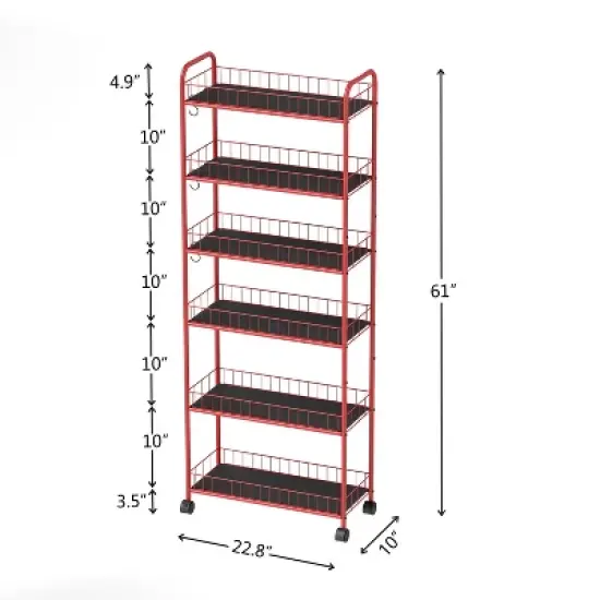 FONTOI Baker's Racks, 6 Tier Shelving Unit, Slim Rolling Storage Cart with 6 Baskets, Mobile Rack for Garage Kitchen Office, Red, 10"*61"*22.8" image {1}