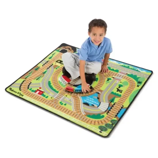 Melissa & Doug Round the Rails Train Rug With 3 Linking Wooden Train Cars  (39 x 36 inches) image {3}