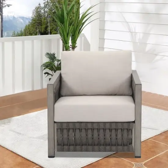 COWLOWN Modern Aluminum Outdoor Single Sofa, Woven Rattan & Webbing Lounge Chair with Cushions, Weather-Resistant Patio Seating image {2}