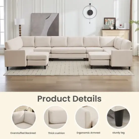 Hyleory Spacious 12-Seater U-Shaped Modular Sofa with Ottomans,Relaxed Style, Reconfigurable Design image {2}