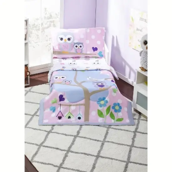 Everyday Kids 4-Piece Toddler Bedding Set - Owls Design - Soft 100% Cotton Percale Comforter, Flat Sheet, Fitted Sheet & Pillowcase image {4}