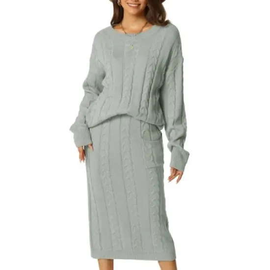 Seta T Womens' Fall Winter Casual Crewneck Sweater Two Pieces Outfit Midi Skirts with Pockets Lounge Set image {11}