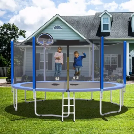 Costway 12/14/15ft Trampoline w/ Safety Enclosure Net Ladder Basketball Hoop image {3}