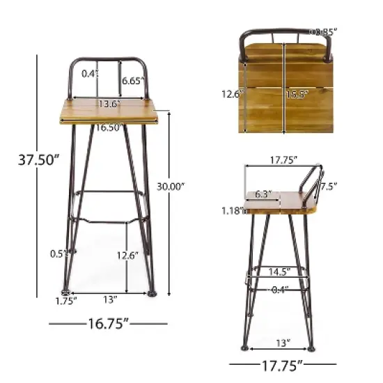 GDFStudio Outdoor Industrial Acacia Wood 3 Piece Bar Set with Hairpin Legs, Teak image {2}