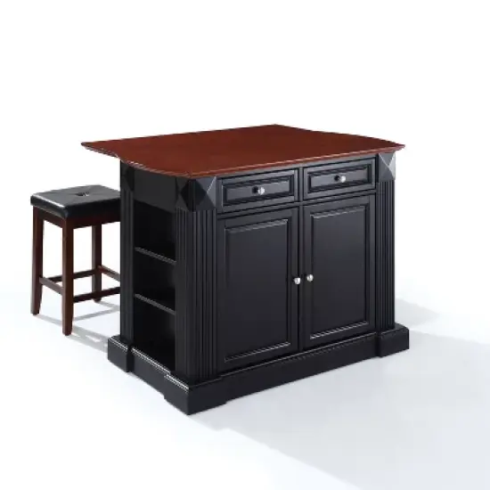 Coventry Drop Leaf Top Kitchen Island with Upholstered Square Stools Black - Crosley image {7}
