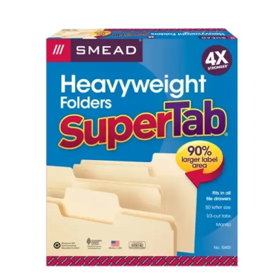 Smead SuperTab Heavyweight File Folder,  Oversized 1/3-Cut Tab, Letter Size, Manila, 50 Per Box (10401) image {6}