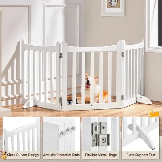 Yaheetech 24inch Tall Freestanding Wooden Pet Gate with Door, White image {5}