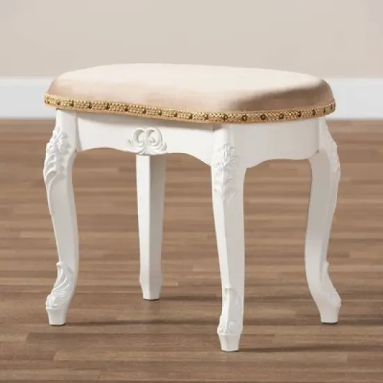 Gabrielle Velvet Fabric Upholstered Wood Vanity Ottoman Sand/White/Gold - Baxton Studio image {7}