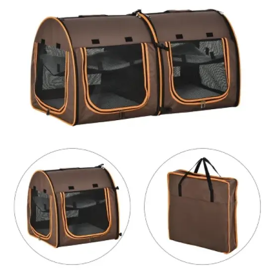 Munora 39" Twin Compartment Portable Cat Cage - Convertible Soft-Sided Pet Carrier with Storage Bag, Brown image {7}