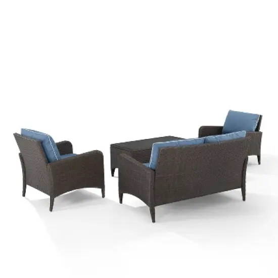Kiawah 4pc Outdoor Wicker Conversation Set with Sofa, Arm Chairs & Coffee Table Blue - Crosley image {2}