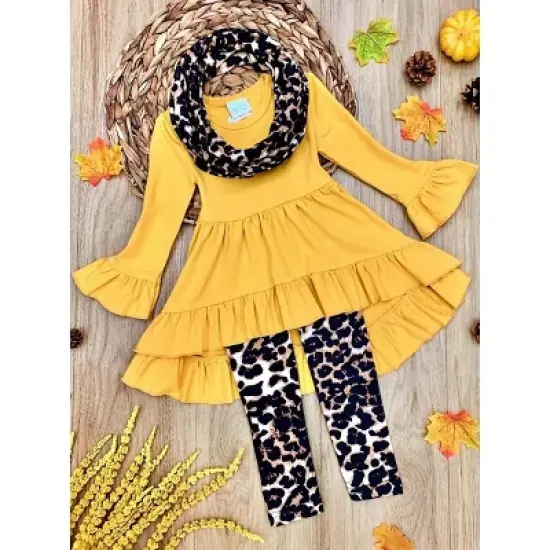 Girls Vibrant Cub Hi-Lo Ruffle Tunic, Leopard Leggings & Scarf Set - Mia Belle Girls image {2}