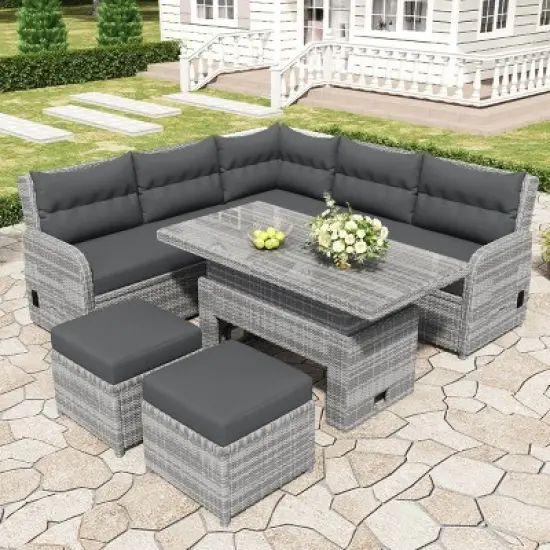 Outdoor 5 Pcs Furniture Set, Seating Set with Extendable Side Tables, Rattan Sofa Set with Metal Frame and PE Cushions-Coolbibila image {7}