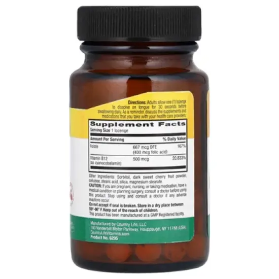 Country Life Vitamin B12 with Folate, Cherry, 100 Lozenges image {1}