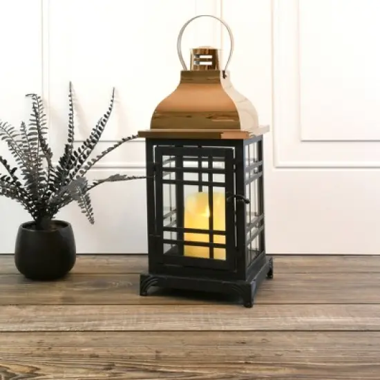 LumaBase Metal Lantern with LED Motion Flame Candle - Black with Copper Roof image {2}