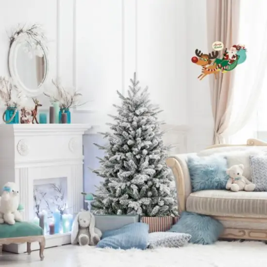 Costway 4.5/6/7 FT Flocked Christmas Tree with 8 Lighting Modes 160/260/350 Multi-Color LED Lights image {3}