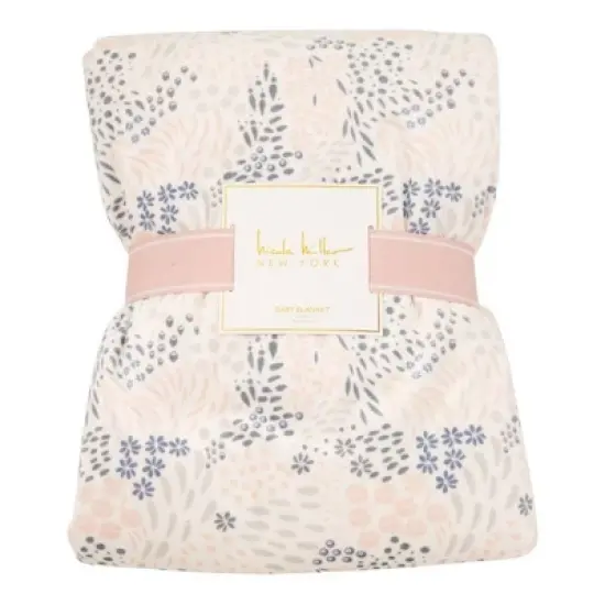 Nicole Miller Abstract Floral Printed Mink/Sherpa Throw Blanket - White image {2}