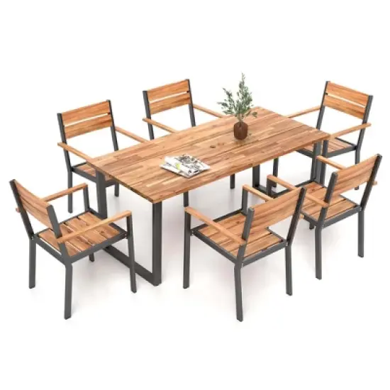 Costway 7 PCS Acacia Wood Patio Dining Set 6 Armchairs and 69" Table with 2" Umbrella Hole image {1}