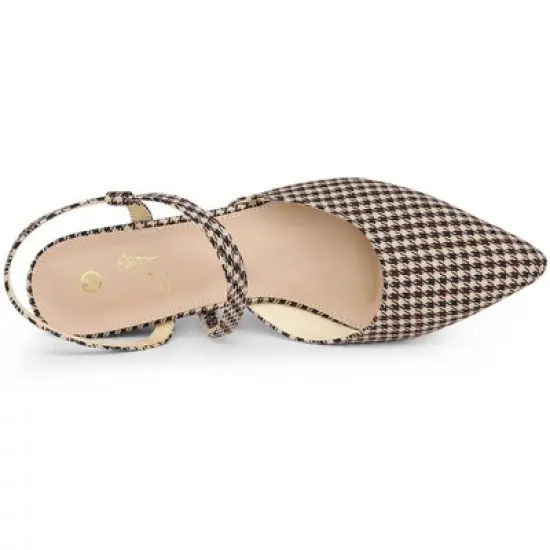 Perphy Houndstooth Printed Pointed Toe Slingback Chunky Heels Mules for Women image {3}
