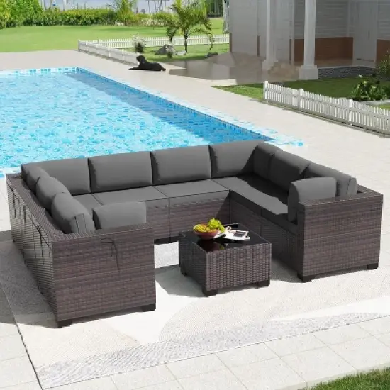ALAULM 9PCS Outdoor Patio Furniture Set PE Wicker Rattan Sectional Sofa image {6}