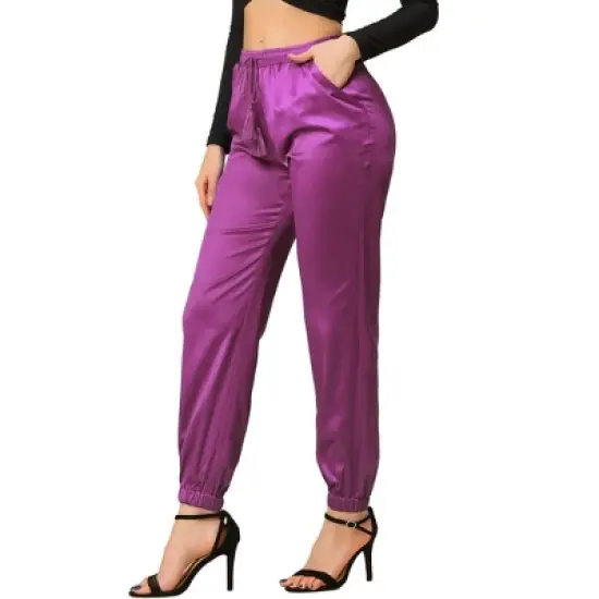 Allegra K Women's Drawstring Elastic Waist Athleisure Pants Ankle Length Satin Joggers with Pocket image {16}