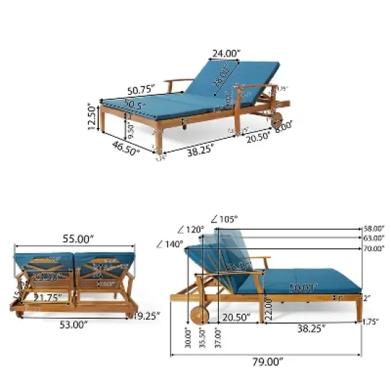 GDFStudio Abena Outdoor Acacia Wood Double Adjustable Chaise Lounge with Cushions image {2}