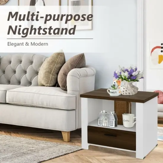 Costway Accent Nightstand with Drawer and Open Shelf Sofa End Table Bedroom Living Room image {4}