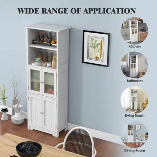 Tangkula Bathroom Tall Storage Cabinet Linen Tower w/ Glass Door & Adjustable Shelf White image {7}