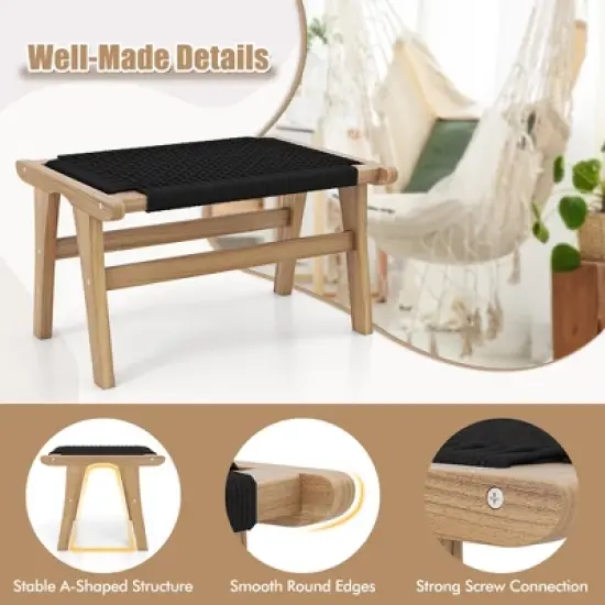 Tangkula 2PCS Teak Ottoman Footstool w/ Handwoven Cordage for Patio Porch Balcony Lawn image {5}