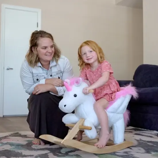 Qaba Kids Rocking Horse, Wooden Plush Ride-On Unicorn Chair Toy with Lullby Song for 18-36 months children image {2}