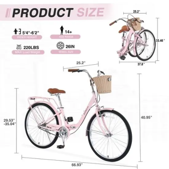 NAYSAYE 26 Inch Single Speed Folding Lady Bike Durable Steel Frame for Easy Storage and Commuting, Pink, 66.93"*25.2"*40.95" image {3}