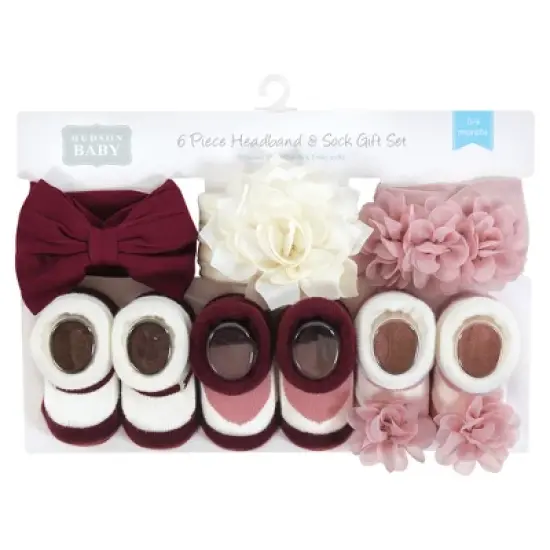 Hudson Baby Infant Girl Headband and Socks Giftset, Burgundy Blush, One Size image {1}
