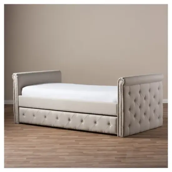 Twin Swanson Modern and Contemporary Fabric Tufted Daybed with Roll-Out Trundle Guest Bed - Baxton Studio image {11}