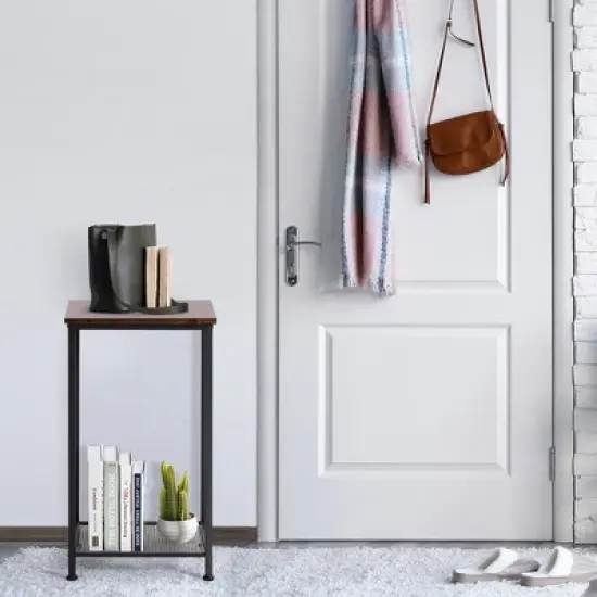 Costway 2-Tier Industrial Side End Accent Telephone Table w/Mesh Shelf Rustic Brown image {4}