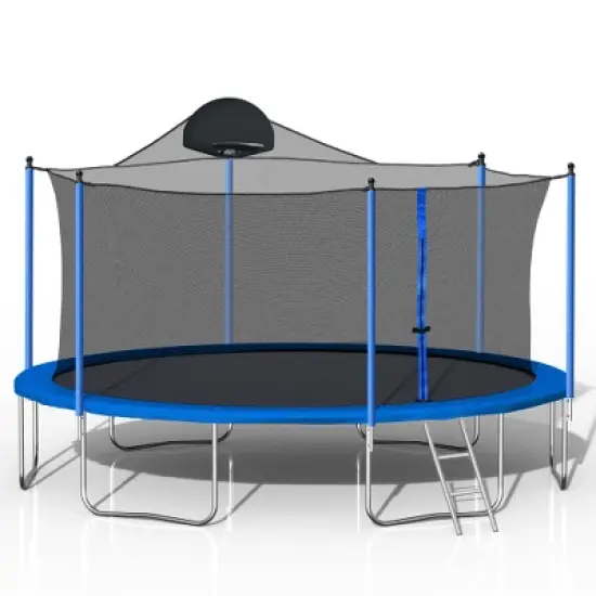 BestParts 14FT Outdoor Trampoline with Basketball Hoop & Safety Net &ndash; Double-Sided Blue & Green Pad image {1}