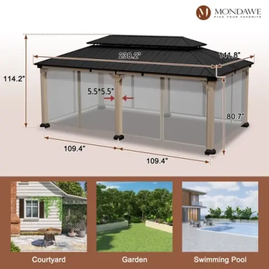 Mondawe 12x20Ft. Outdoor Solid Wood Frame Patio Gazebo Galvanized Steel Hardtop with Netting image {8}