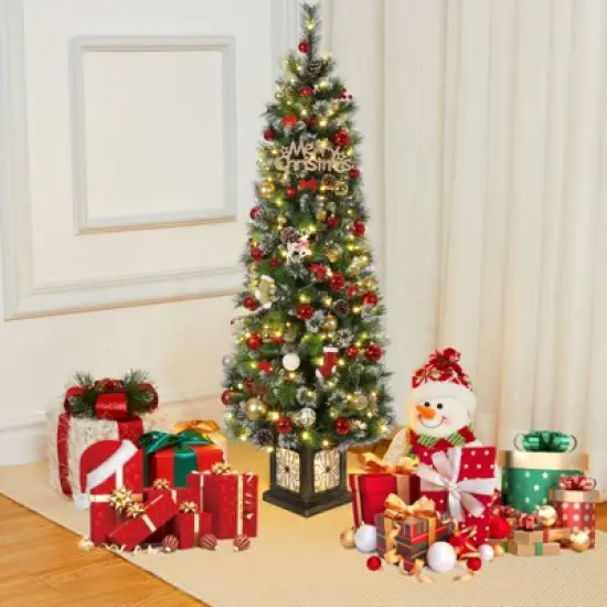 6FT Potted Christmas Tree with 140 Warm LED Lights &ndash; Artificial Outdoor Decor for Front Door, Porch, Includes Light Box, Pencil Tree image {7}