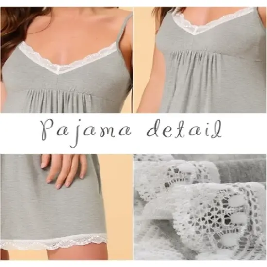 cheibear Womens Nightgown Pajama V Neck Lace Nightdress Sleepwear Lounge Dress image {3}