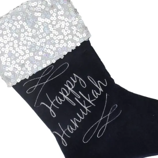 Northlight 19" Navy Blue and Silver Embroidered Happy  Stocking with Sequin Cuff image {2}